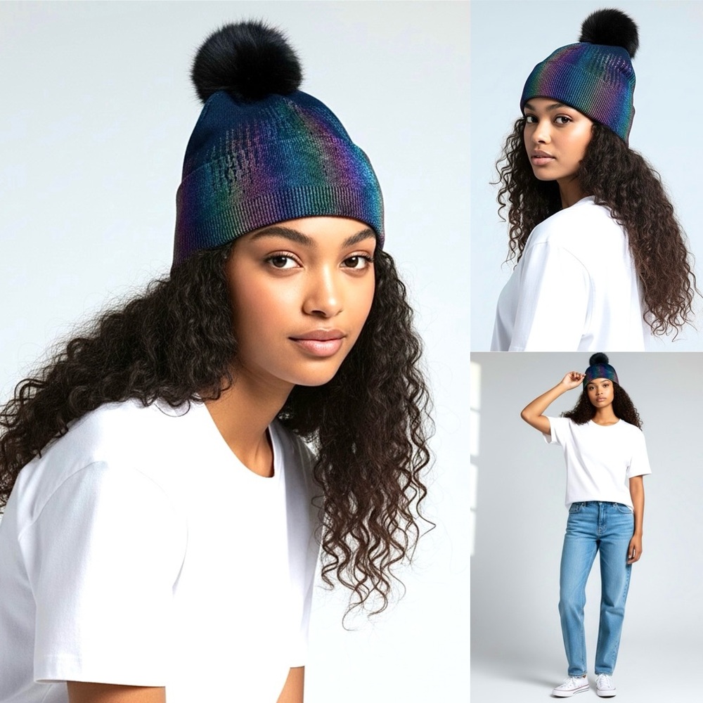 Adrienne Landau Knit Wool Blend Beanie Pom-Pom Faux Fur Stretch Foldable Cuff
